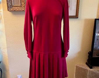 Vintage 1960's ACT III drop waist preppy, mod Red dress, long sleeves, mock turtleneck size M