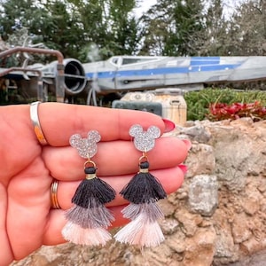 Mouse black and gray tassle stud earrings