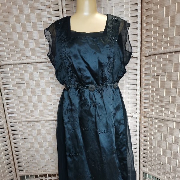 Vintage antique 1910s Victorian edwardian evening silk beaded dress gown black goth Size XS S