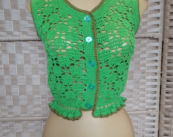 Vintage 1960s hand crocheted handknitted cardigan blouse top Size XS S