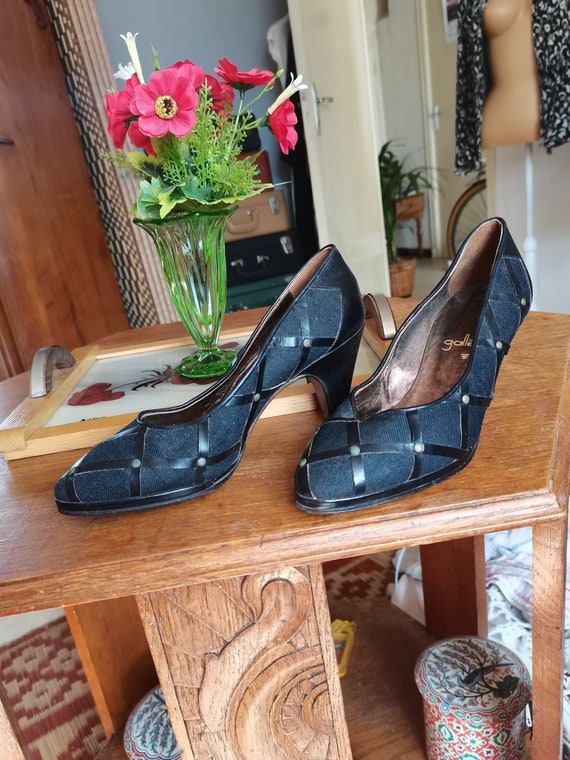 Vintage 1980s does 1940s 1950s black leather shoe… - image 1