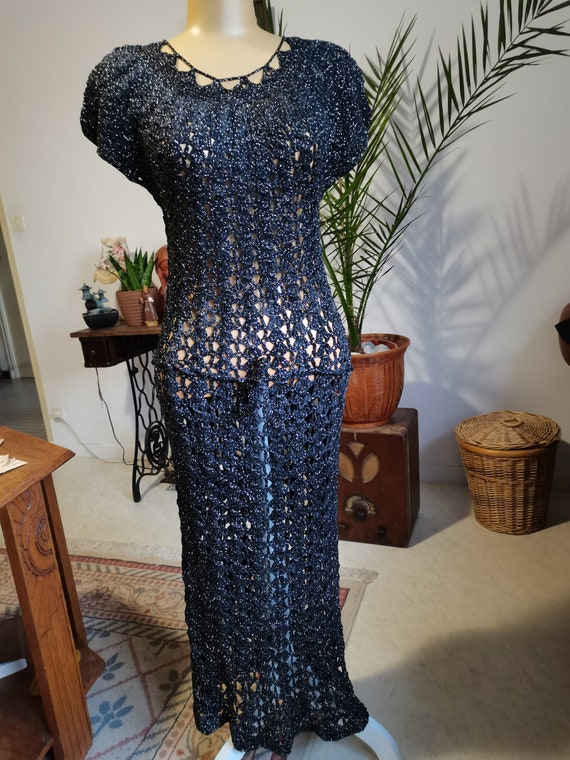 Vintage 1970s does 1930s crochet lace dress Size S