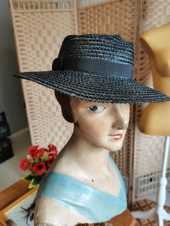 Vintage 1940s straw  black hat french dead stock - image 5