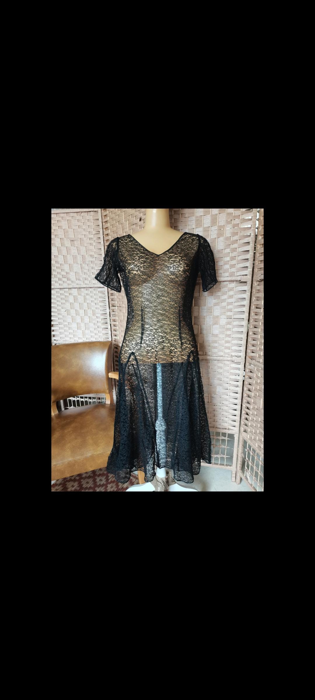 Vintage Antique 1920s 1930s Black Lace Art Deco Evening Dress Gown Bias ...