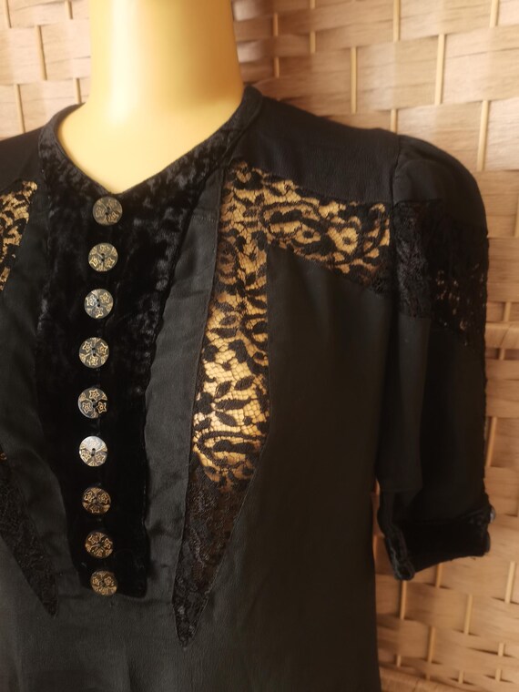 Vintage antique 1930s velvet lace dress art déco Size… - Gem