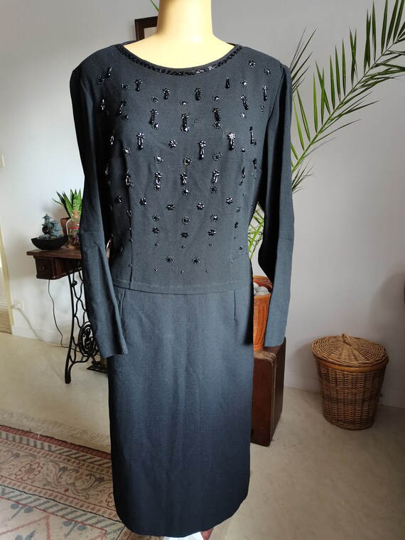 Vintage 1940s black dress beaded Size XL XXL