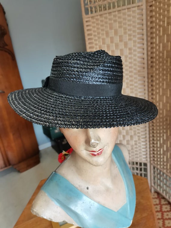 Vintage 1940s straw  black hat french dead stock - image 4