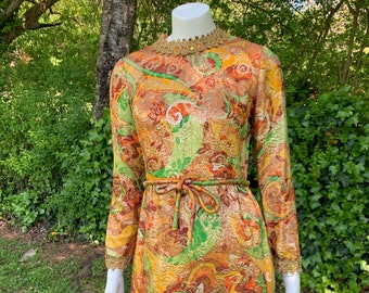 Ole Borden For Rembrandt Gold Metallic Long-sleeves Mod Paisley Mini Dress with Fall Colors