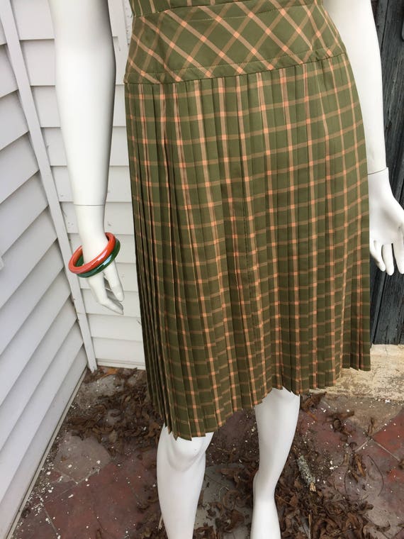 Double Breasted Pleated Green and Peach Plaid Dre… - image 5