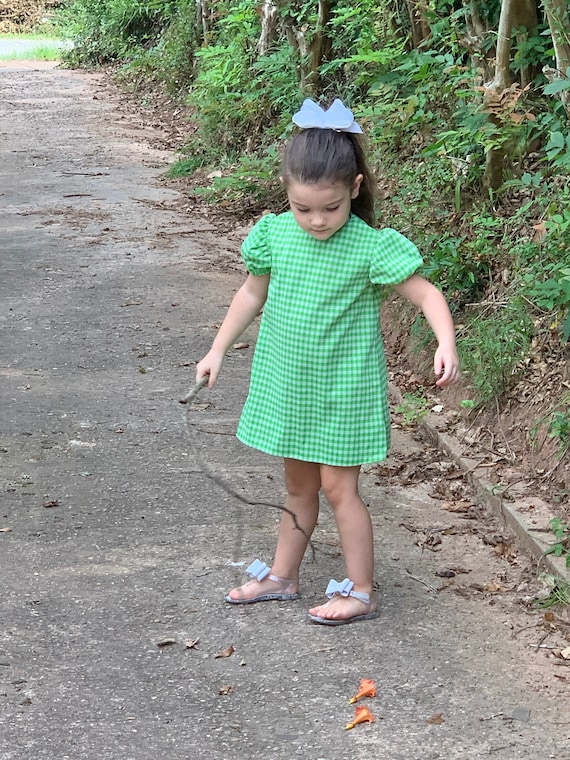 70's Little Girl's Green & White Check Polyester … - image 1