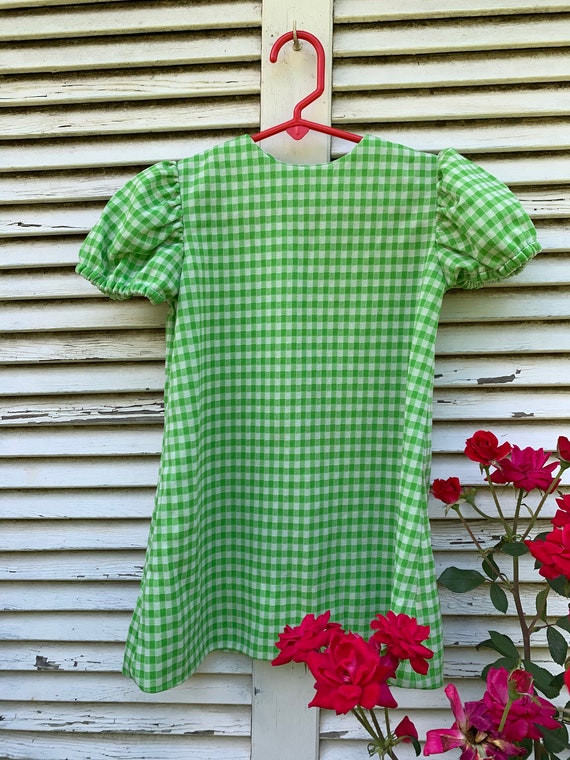 70's Little Girl's Green & White Check Polyester … - image 9