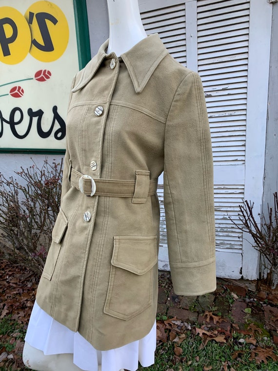 70's  Pale Olive Green Mod Belted Short Coat With… - image 2