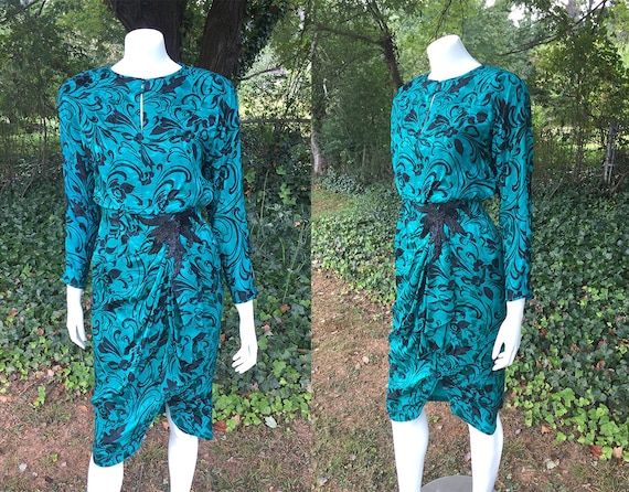 Turquoise & Black Silk Studio 80s Dress - image 1