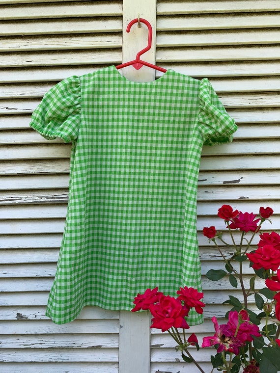 70's Little Girl's Green & White Check Polyester … - image 4