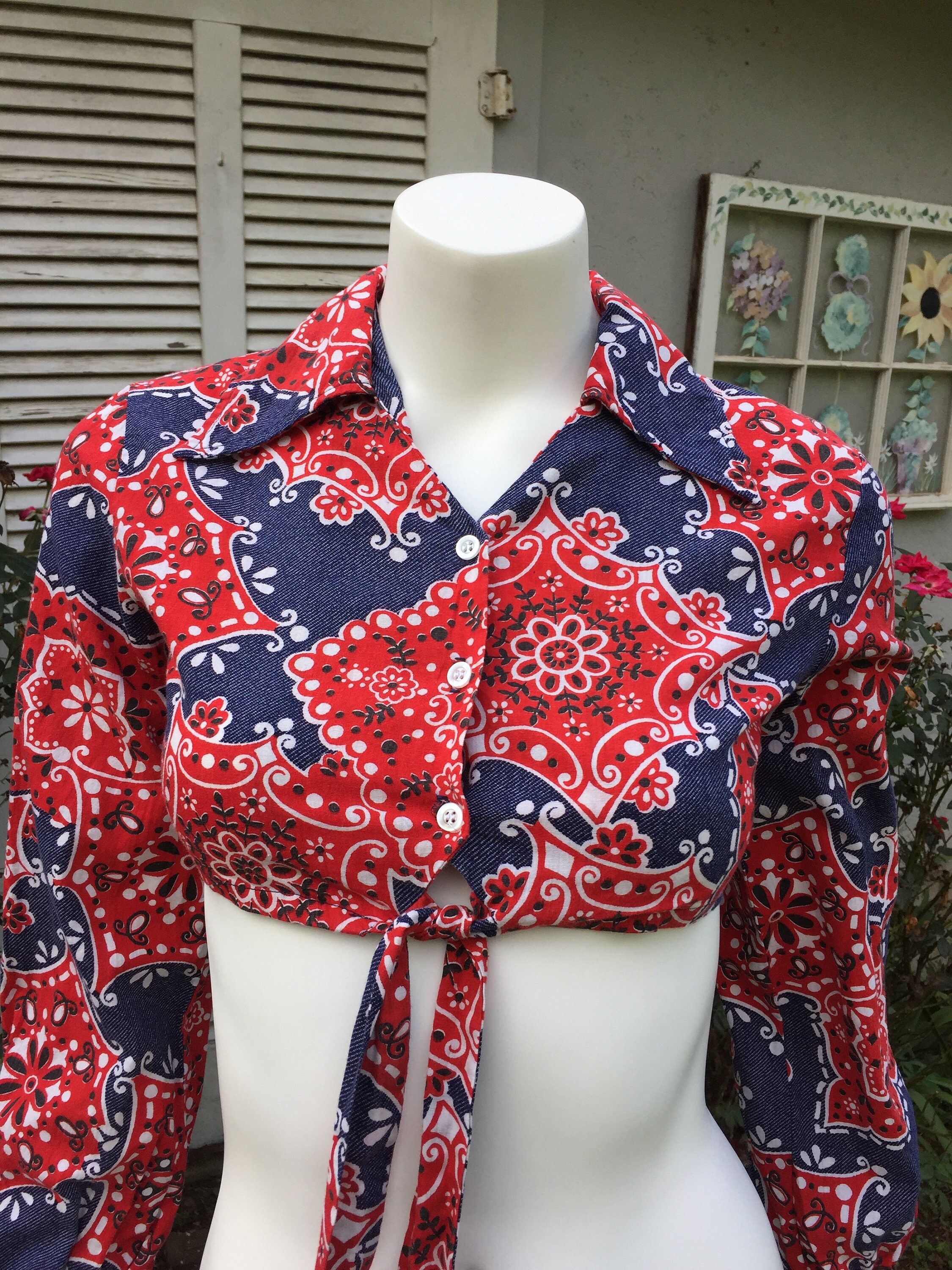 70s Bandana impresión manga larga Midriff Crop Top Camisa Etsy España