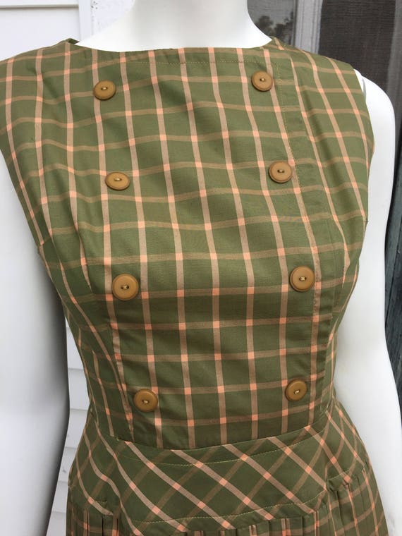 Double Breasted Pleated Green and Peach Plaid Dre… - image 3