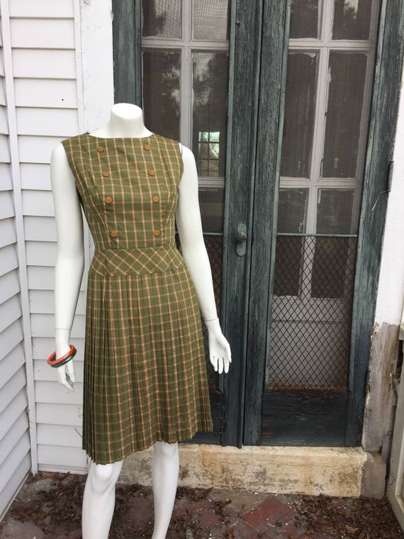 Double Breasted Pleated Green and Peach Plaid Dre… - image 2