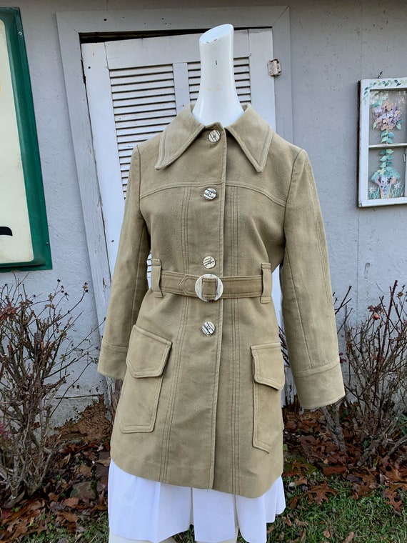 70's  Pale Olive Green Mod Belted Short Coat With 