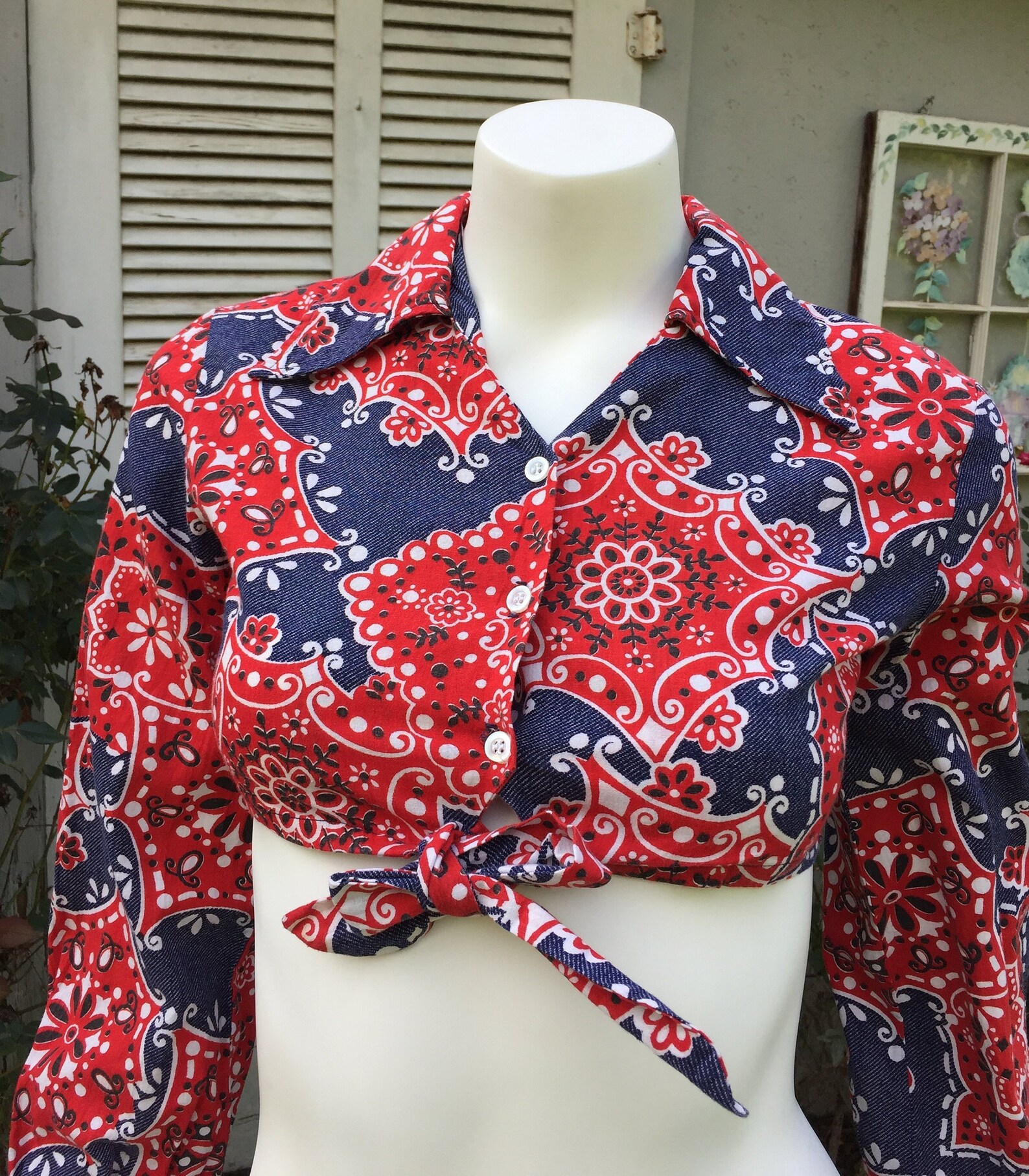 70s Bandana impresión manga larga Midriff Crop Top Camisa Etsy España