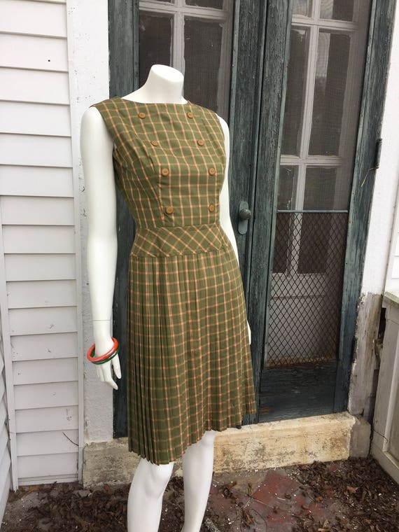 Double Breasted Pleated Green and Peach Plaid Dre… - image 4