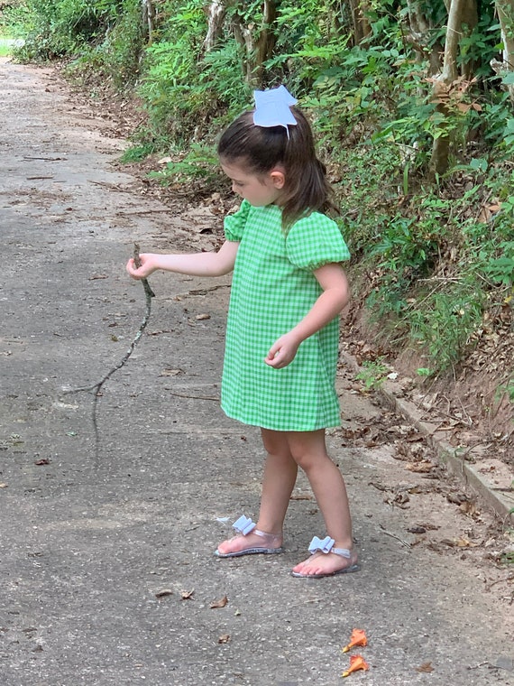 70's Little Girl's Green & White Check Polyester … - image 2