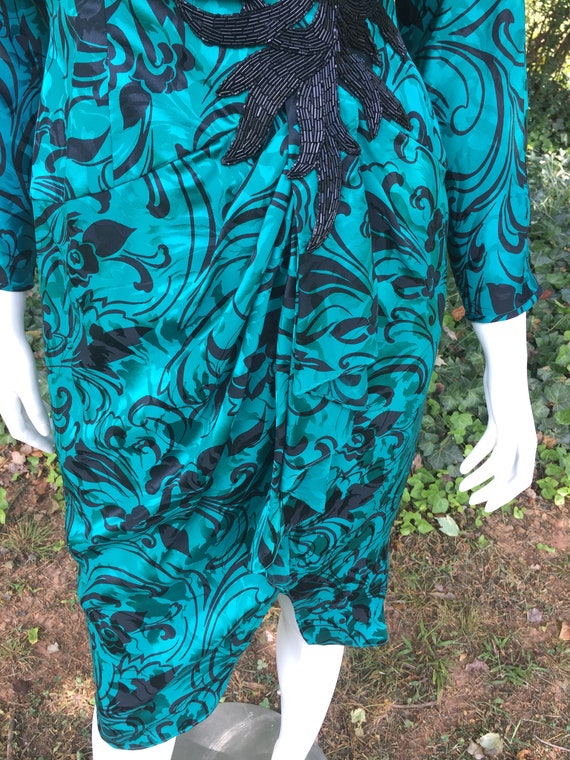 Turquoise & Black Silk Studio 80s Dress - image 4