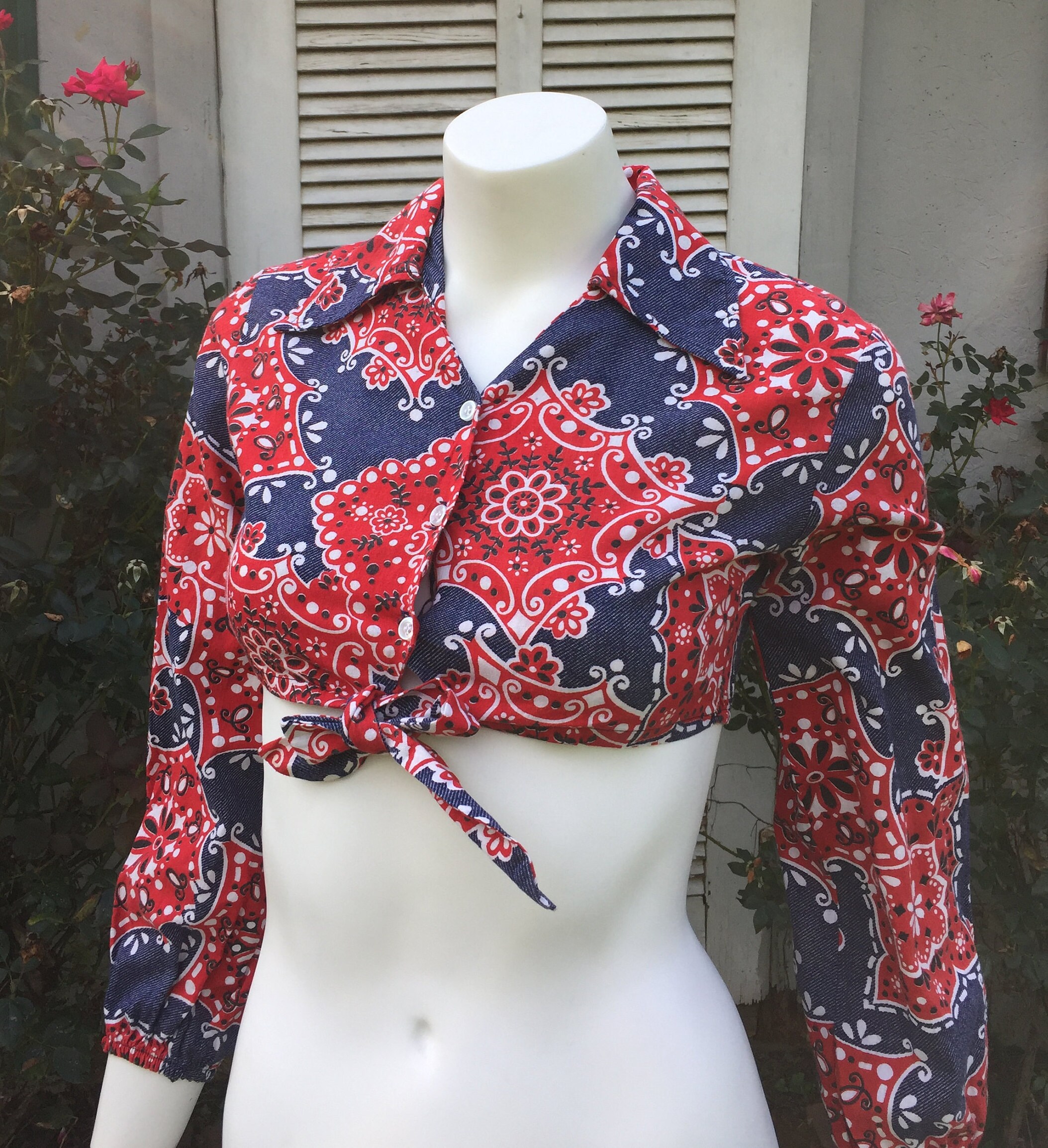 70s Bandana Print Long Sleeve Midriff Crop Top Shirt Etsy