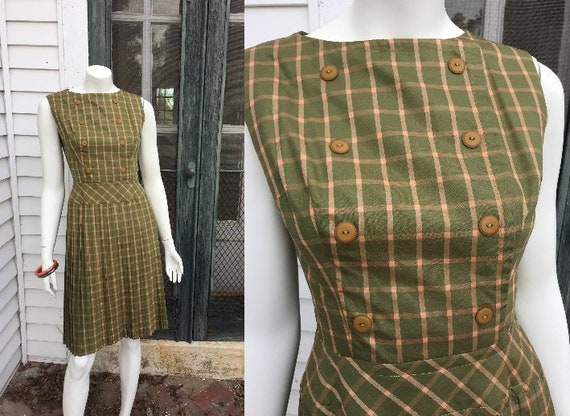 Double Breasted Pleated Green and Peach Plaid Dre… - image 1