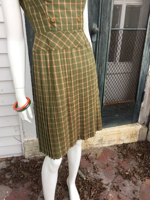 Double Breasted Pleated Green and Peach Plaid Dre… - image 6