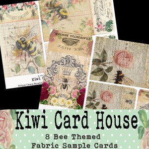 Op de afbeelding: Een verzameling van acht stofstalenkaarten met bijen als thema. De kaarten bevatten vintage illustraties van bijen, rozen en botanische elementen. Het kleurenpalet omvat beige, roze en groene tinten. De tekst "Kiwi Card House" en "8 Bee Themed Fabric Sample Cards" is zichtbaar.