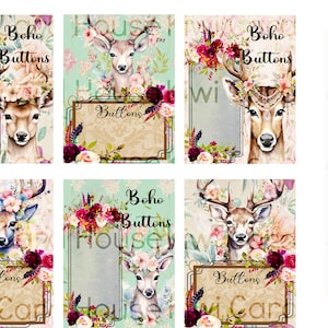 May include: Six printable digital cards featuring watercolour illustrations of deer with floral crowns and the text "Boho Buttons". The cards are designed for crafting and scrapbooking.