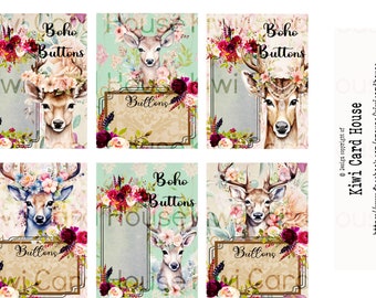 Boho Deer Button Karten, Printable, Ephemera, Junk Journals