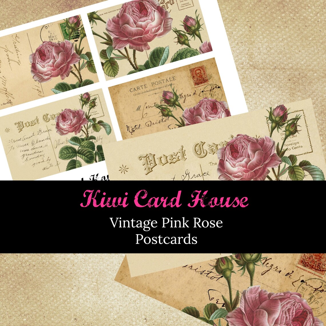 Printable Vintage Pink Rose Postcards Digital Download Junk Etsy
