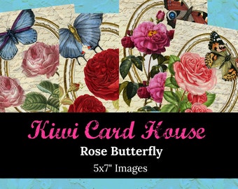 Folha de colagem imprimível com borboletas e rosas, ideal para diário de arte, scrapbooking e confecção de cartões. Download instantâneo, 5x7.