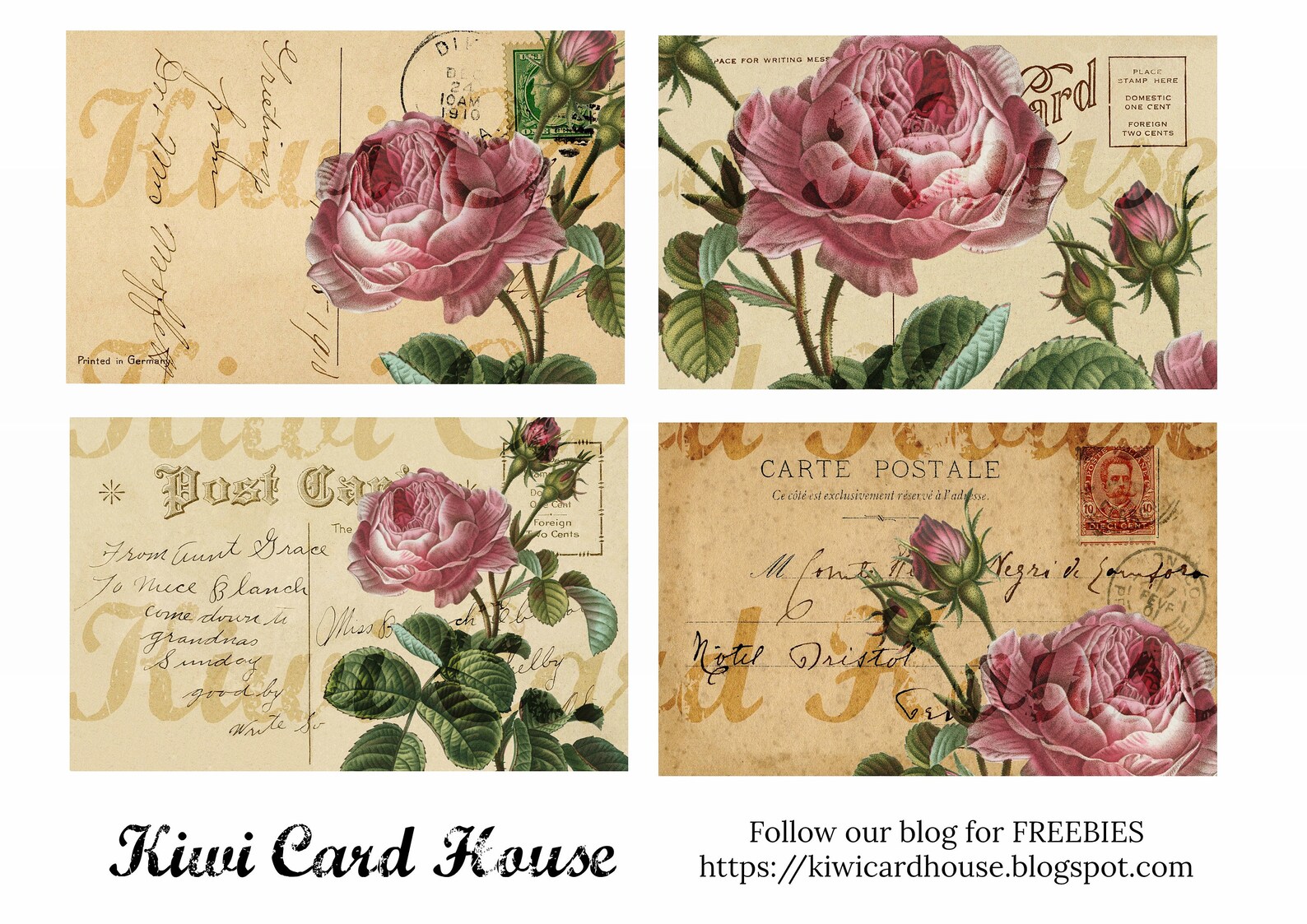 Printable Vintage Pink Rose Postcards Digital Download Junk Etsy