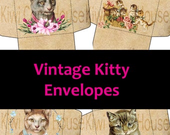 Printable Vintage Kitty Cat Envelopes, Digital Download, Junk Journals, Scrapbooking, Crafts