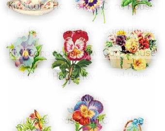 Puede incluir: Una colección de ilustraciones vintage de pensamientos en varios colores, incluyendo morado, azul, rosa, amarillo y rojo. Los pensamientos están dispuestos en ramos, en una taza de té y en una cesta. Las ilustraciones están sobre un fondo blanco.