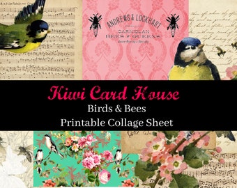 Birds & Bees Collage Sheet  printable journal INSTANT download