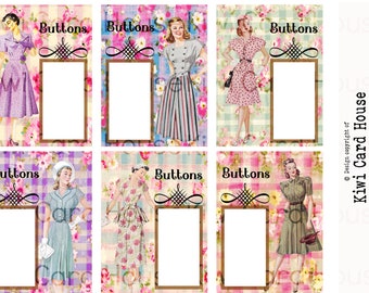 Fashion Ladies Button Cards, Collage Sheet, Ephemera, Junk Journal, Scrapbooking