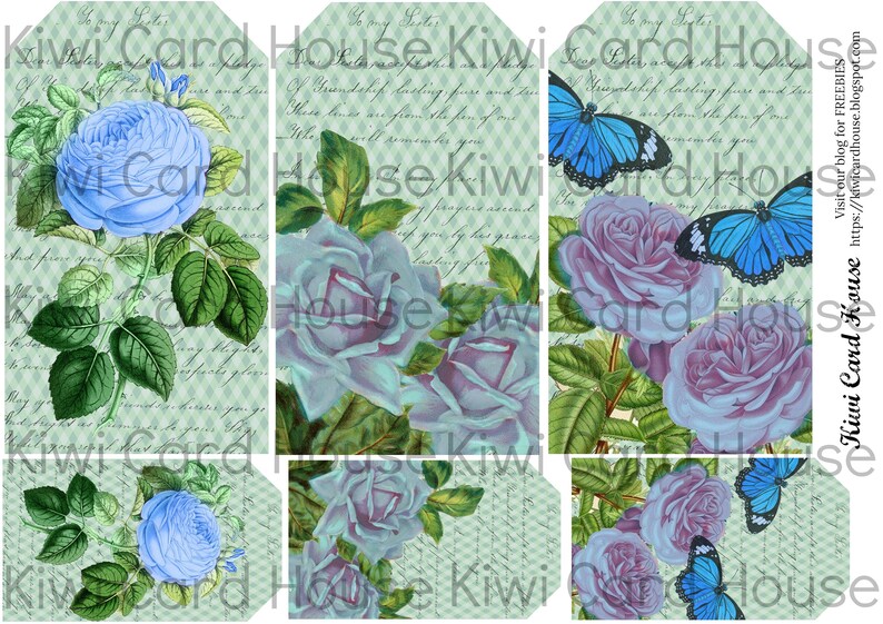 Digital Download Junk Journals Scrapbooking Collage Sheet Printable Floral /& Blue Tags Romantic