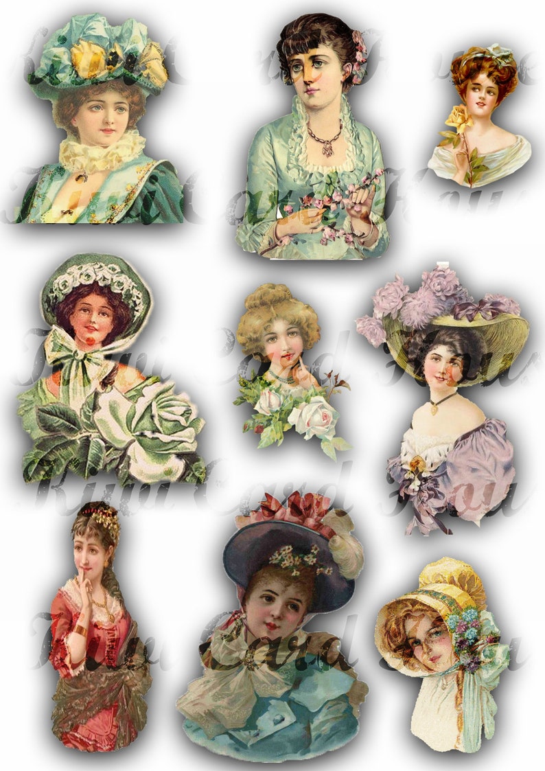Fussy Cut, Victorian Ladies, Junk Journal, Ephemera, Digital Download, Printable, Hats 画像 1