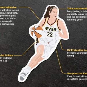 May include: A white and yellow basketball sticker featuring a female basketball player dribbling the ball. The player is wearing a white jersey with the text "FEVER 22" on the front. The sticker is weatherproof, printed with eco-solvent inks, and has a UV protective laminate to prevent fading.