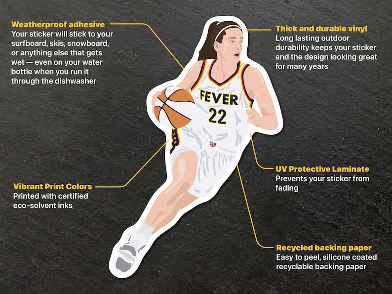 May include: A white and yellow basketball sticker featuring a female basketball player dribbling the ball. The player is wearing a white jersey with the text "FEVER 22" on the front. The sticker is weatherproof, printed with eco-solvent inks, and has a UV protective laminate to prevent fading.