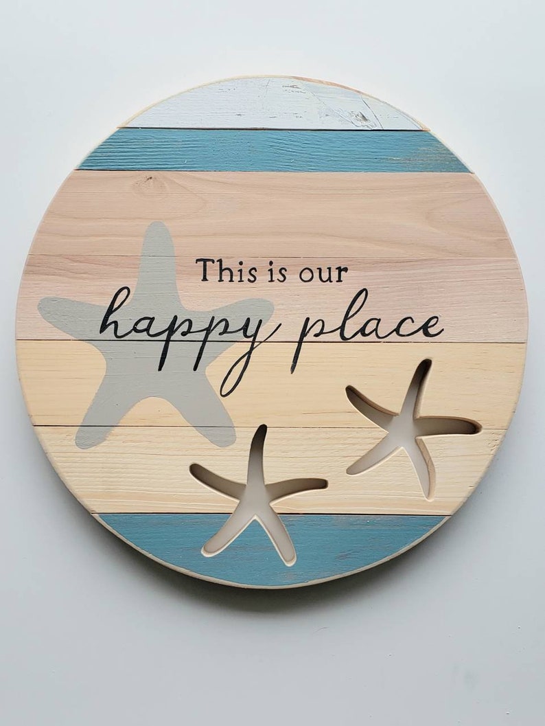 This Is Our Happy Place Sign, Starfish Wooden Round, Beach Home Decor, Nautical Cottage, shabby chic, coastal style afbeelding 4