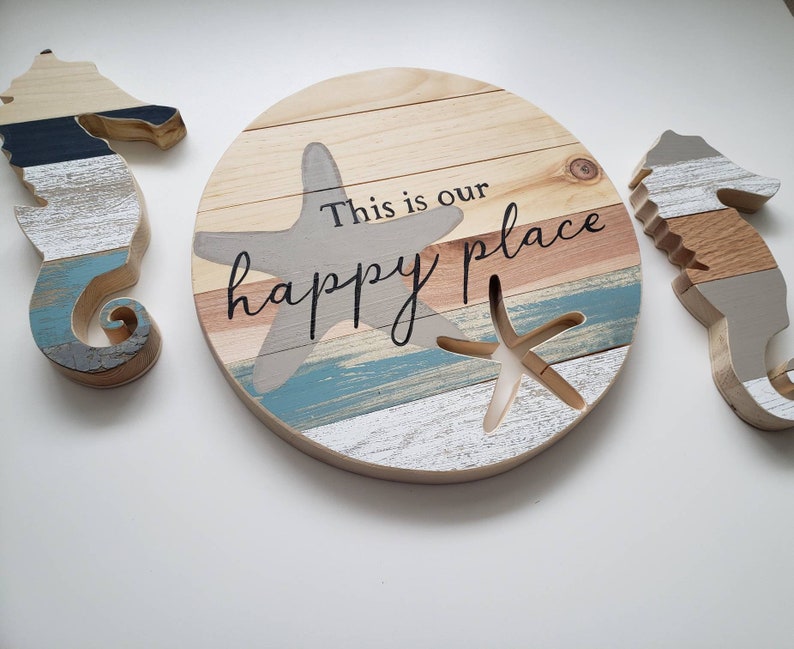 This Is Our Happy Place Sign, Starfish Wooden Round, Beach Home Decor, Nautical Cottage, shabby chic, coastal style image 2