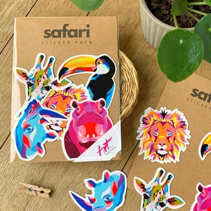 Safari - sticker pack - set of 5 animal stickers - tucan - rhino - giraffe - lion - hippo - sticker - handmade - colorful sticker - safari