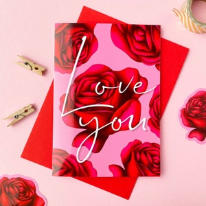 Love You Celebration Card Pink Red Romantic Roses Floral Girlfriend Wife Anniversary Valentine Day Full Print Modern Greeting Card