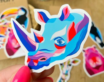 Rhino - sticker - single sticker - animal sticker - colorful - blue rhino - handmade - vinyl sticker - waterproof sticker