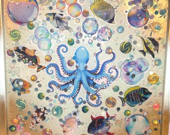 12" babyblauw bijzettafeltje "Octopus Bubbles" metaalhars