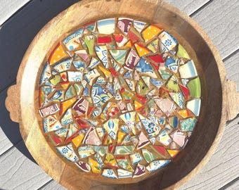 22" grote ronde mangohouten veelkleurige vintage borden decoratief mozaïek/hars dienblad